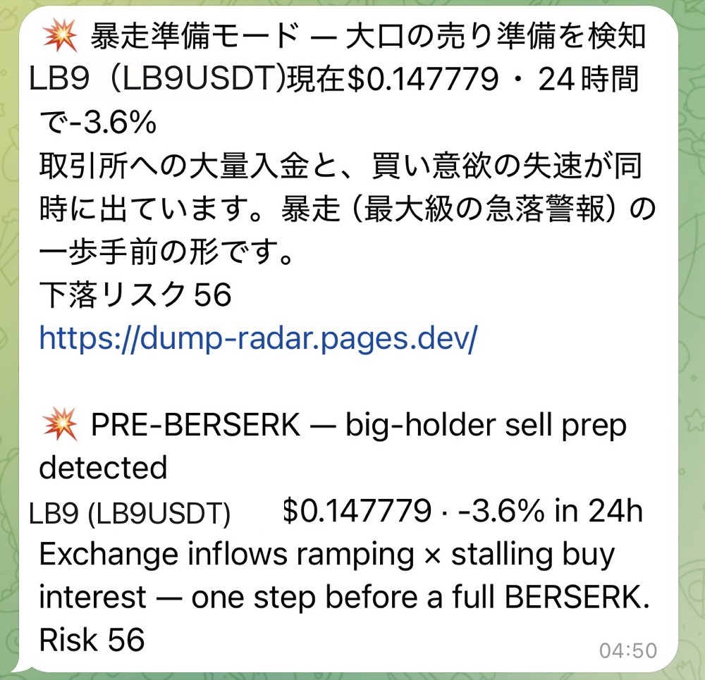 Real MAGU Telegram alert (JA/EN): PRE-BERSERK